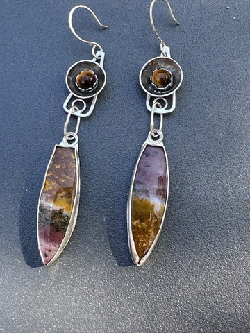 Jasper long tear drop earrings with Tigers Eye