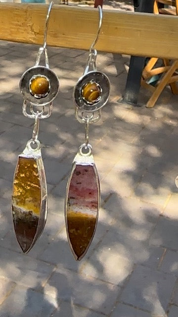 Jasper long tear drop earrings with Tigers Eye