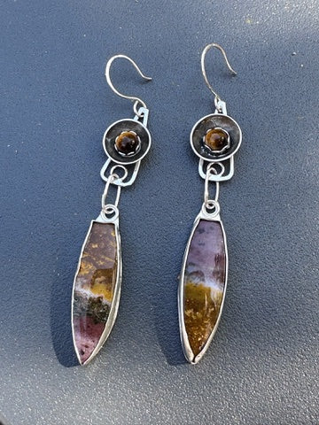 Jasper long tear drop earrings with Tigers Eye