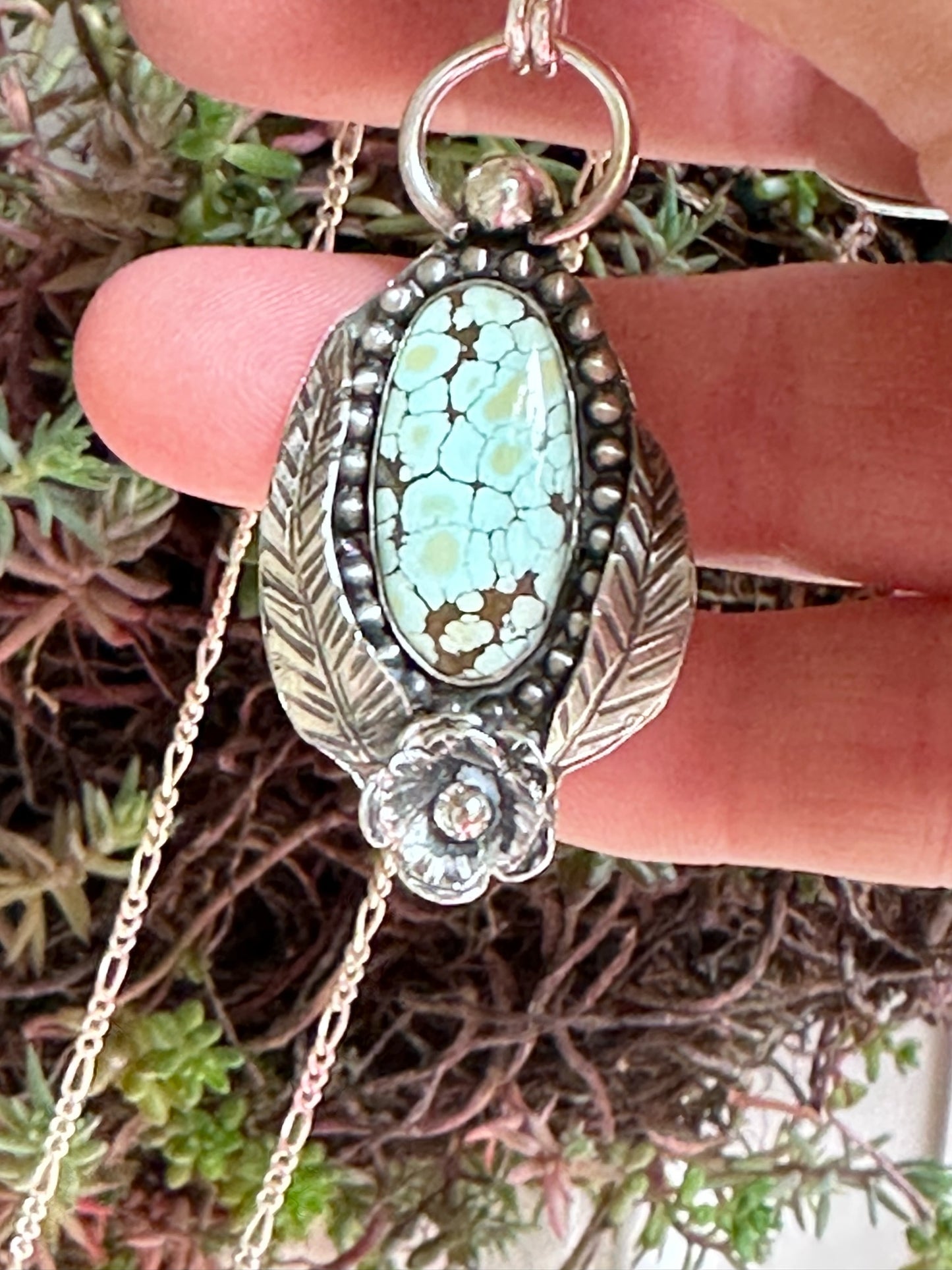 Turquoise -Turquoise Pendant with Sterling Silver Beading, Leaves and Flower (D322)