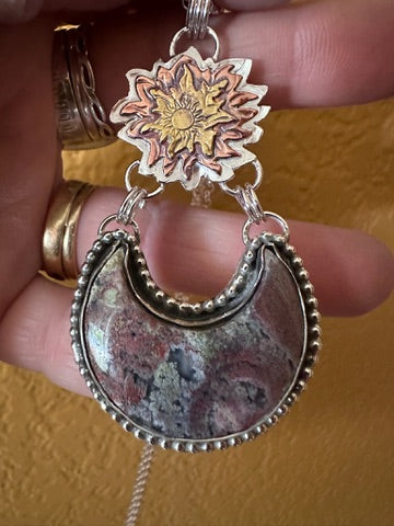 Moss Agate Moon with Fiery Sun Neclace (1076)