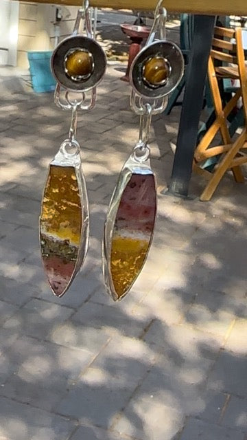 Jasper long tear drop earrings with Tigers Eye