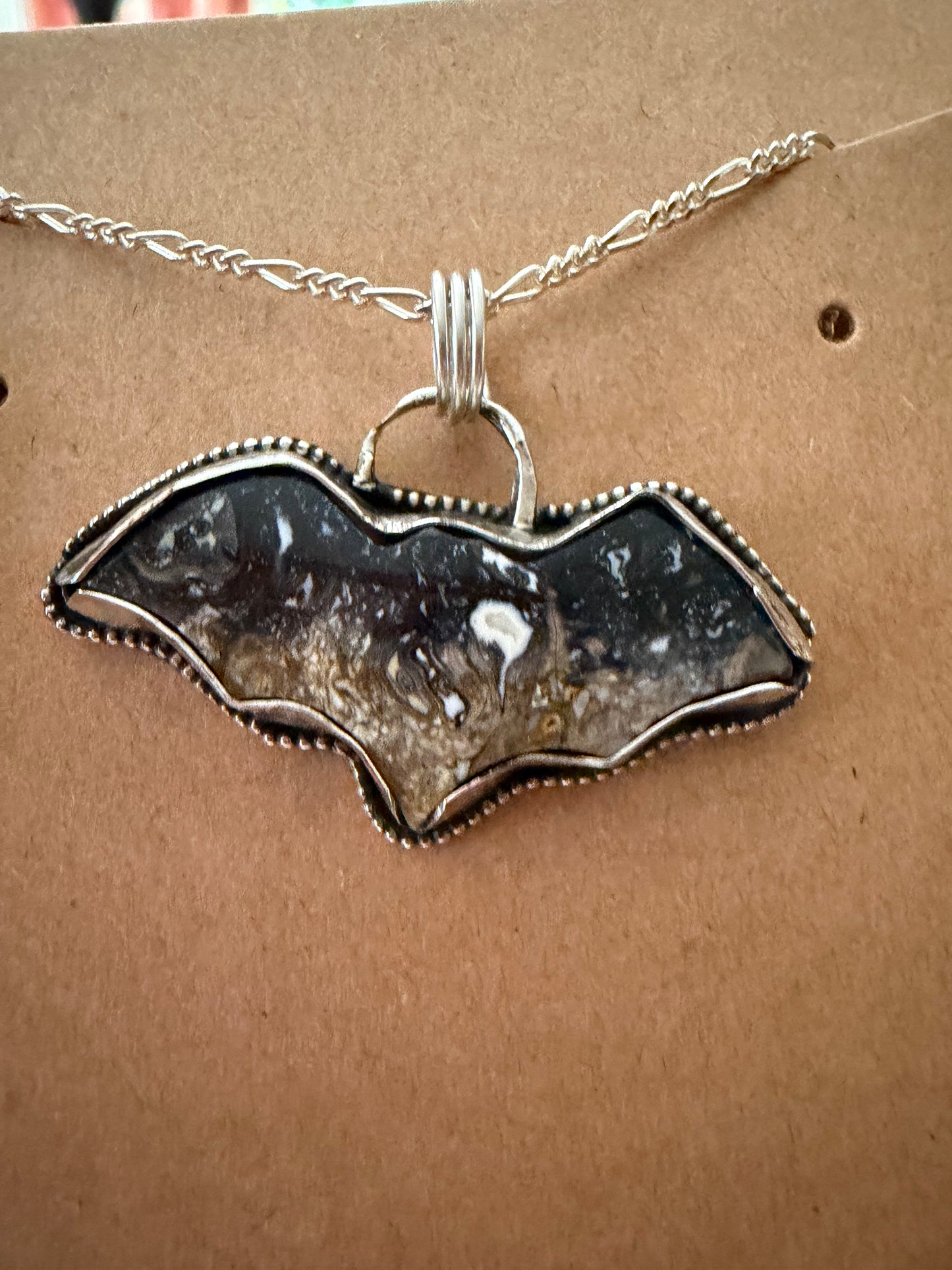 🦇 Palm Root Bat Necklaces – Sterling Silver with Marbled Mystique