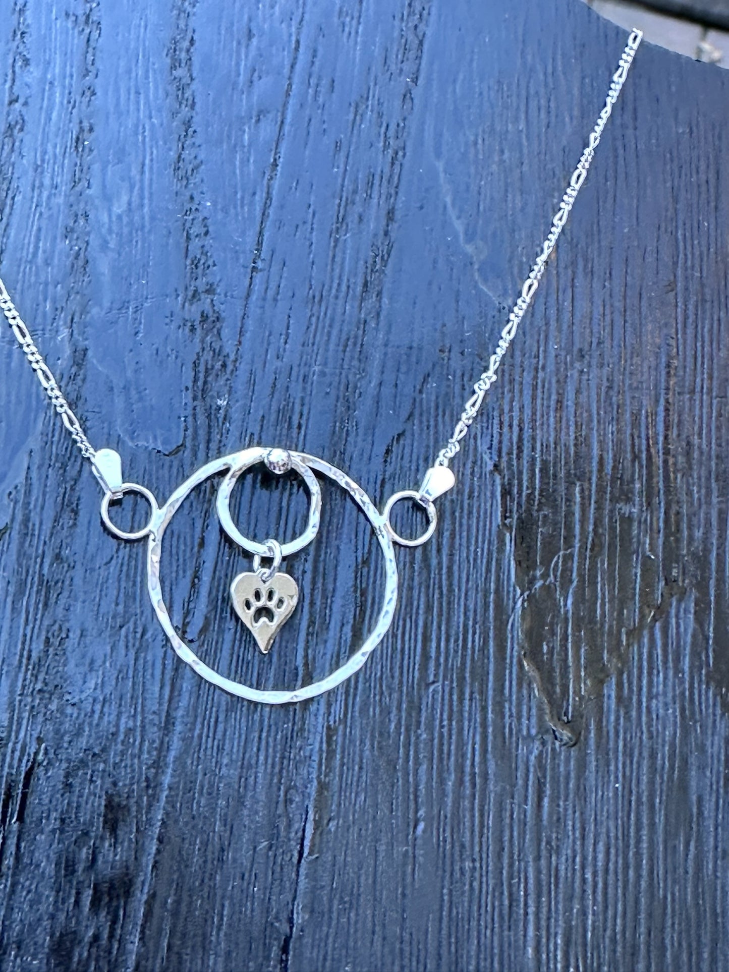 Sterling Silver Circles and Dog Paw Heart necklace pendant