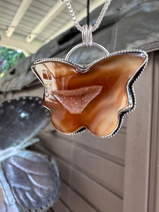 🦋 Druzy Agate Butterfly Pendant – Sterling Silver Beaded Frame  (1038)