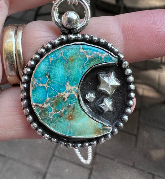 🌙  Moon & Stars Sterling Silver Pendant – Celestial Statement Jewelry (1115)