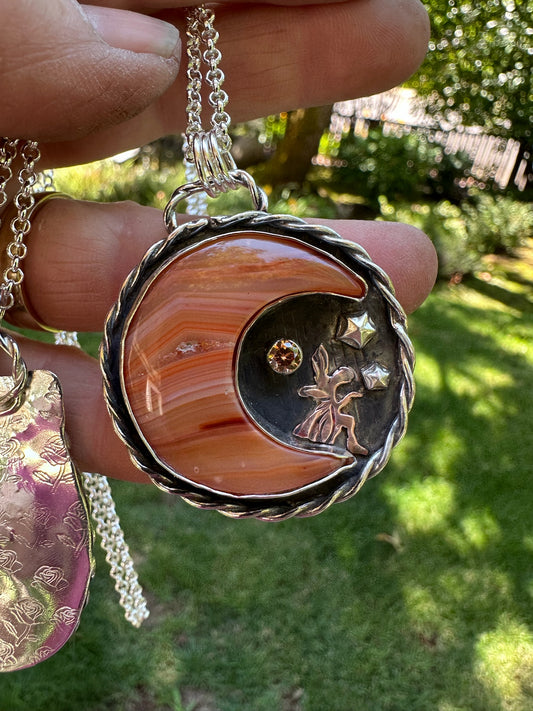 🌙 Angel Blowing Stars on Crescent Agate Moon – Handcrafted Sterling Silver Pendant with CZ Sparkle