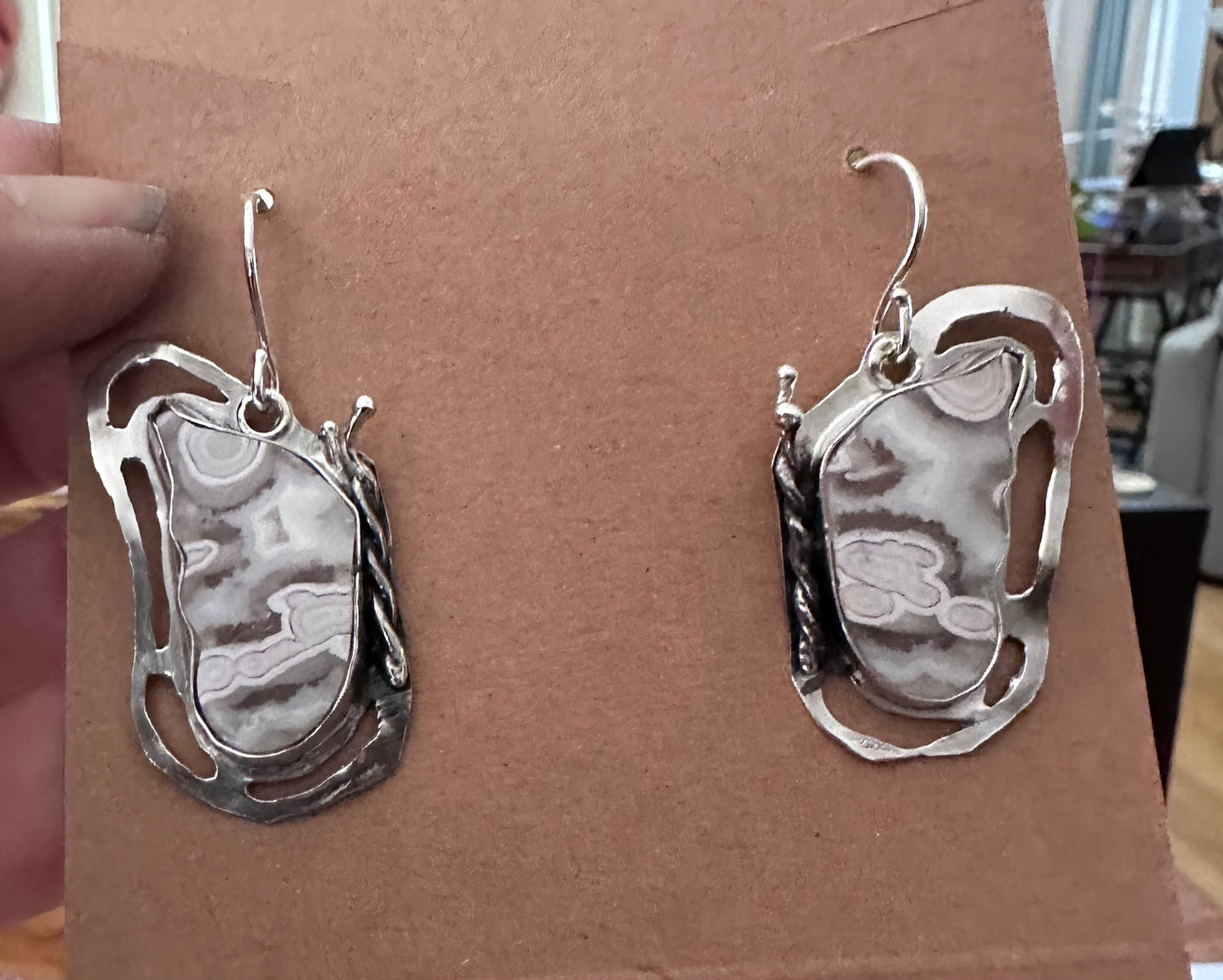 🦋 Sterling Silver Earrings – Hand Pierced with Lace Agate & Twisted Wire (1097)