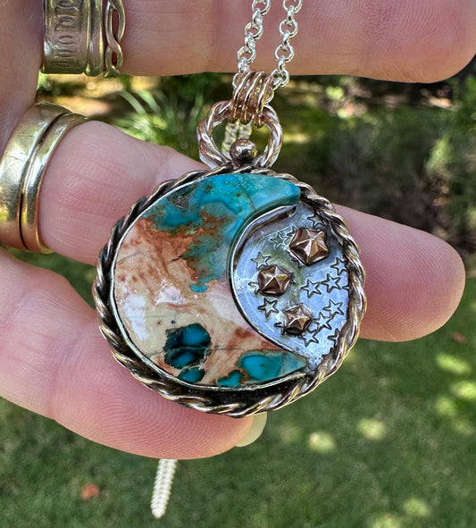 Split Moon Pendant – Sediment Stone & Celestial Metalwork in Sterling Silver (1099)