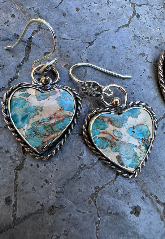 💎 Heart of Earth Earrings – Sediment Stone Hearts with Red Brass & Sterling Silver (1104)