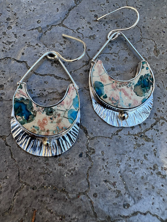 ✨ Sediment Half Moon Earrings with Ruffle Skirt – Sterling Silver, Emerald Accents & Hand-Stamped Hearts