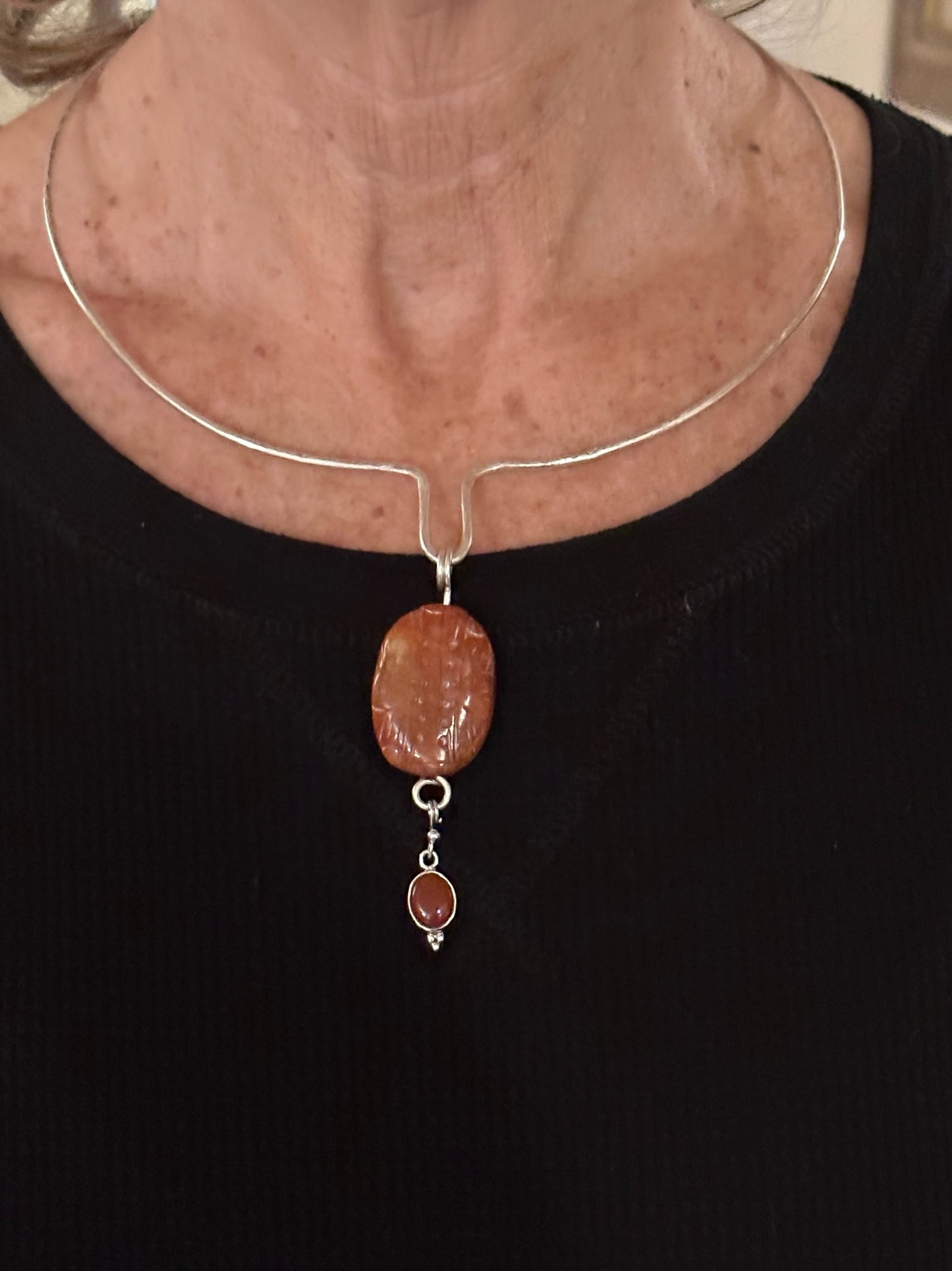 Stunning Hammered Sterling Silver Collar with hanging carved Snakeskin Agate (D331)