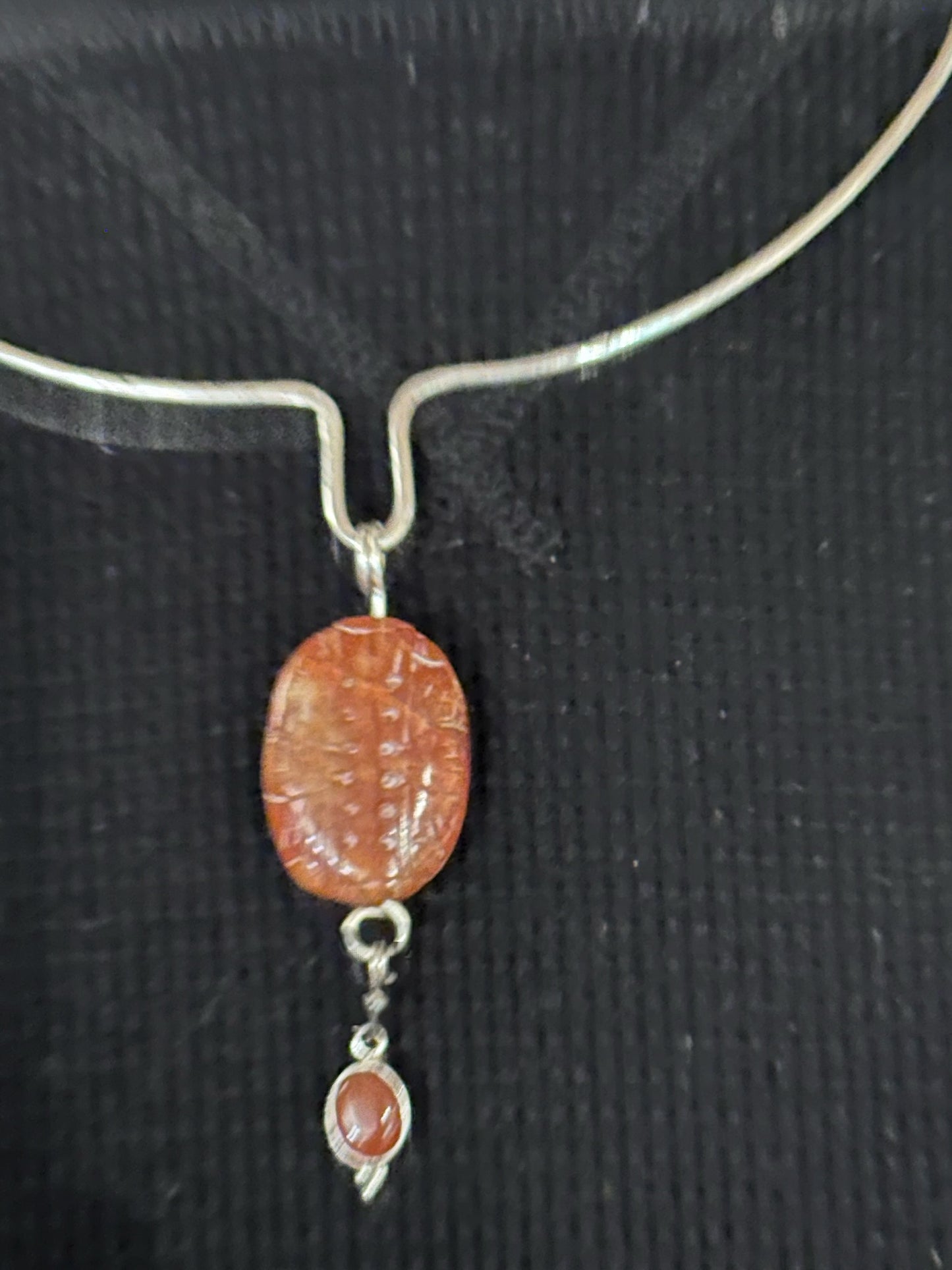 Stunning Hammered Sterling Silver Collar with hanging carved Snakeskin Agate (D331)