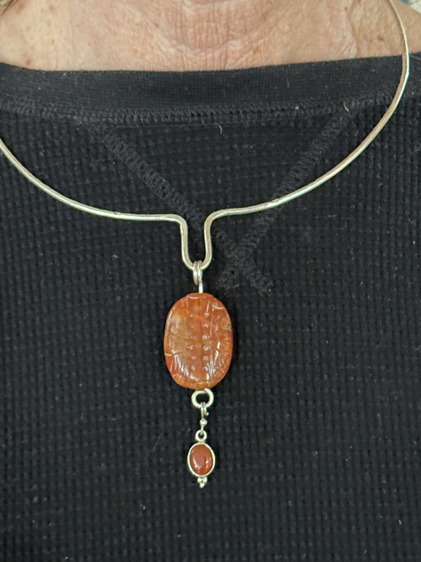 Stunning Hammered Sterling Silver Collar with hanging carved Snakeskin Agate (D331)