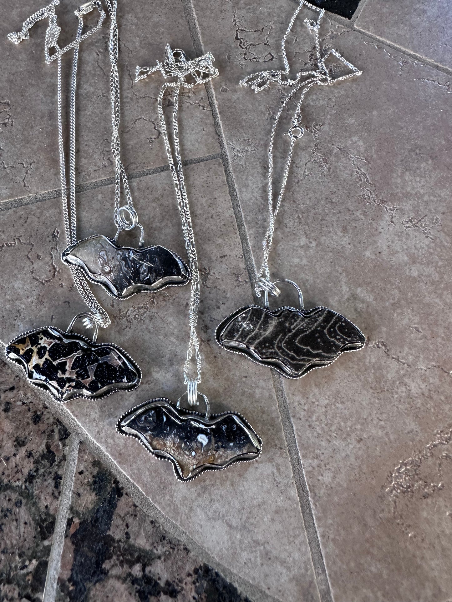 🦇 Palm Root Bat Necklaces – Sterling Silver with Marbled Mystique