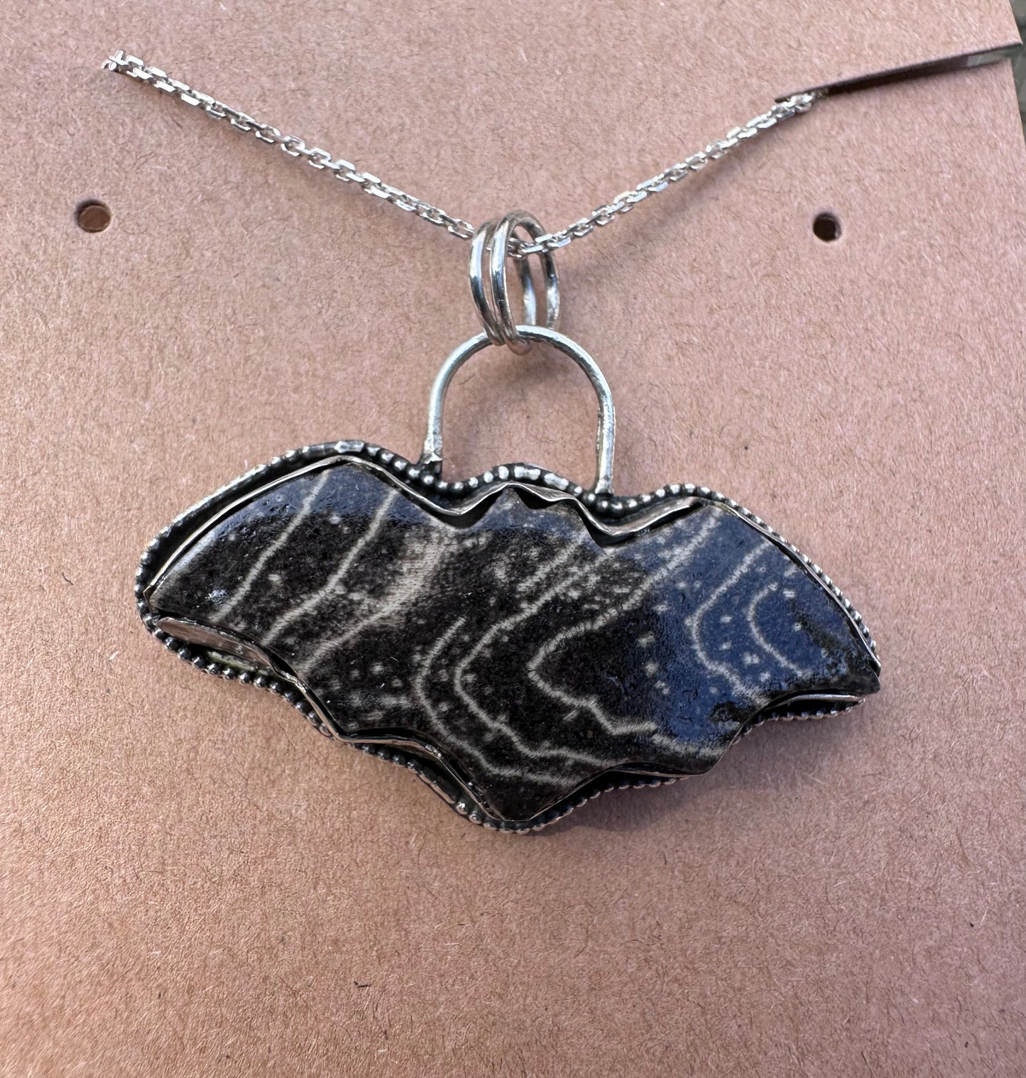 🦇 Palm Root Bat Necklaces – Sterling Silver with Marbled Mystique