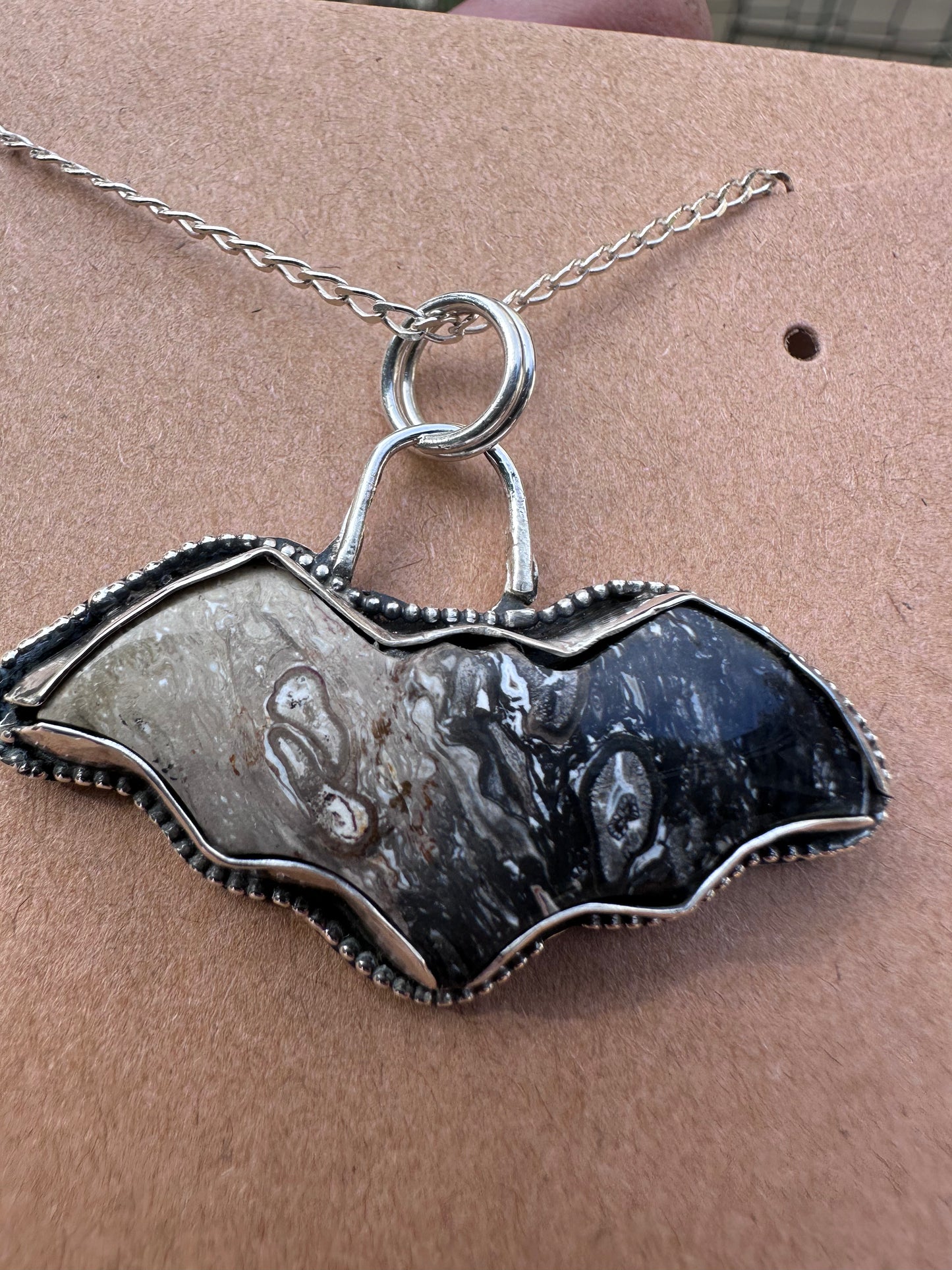 🦇 Palm Root Bat Necklaces – Sterling Silver with Marbled Mystique
