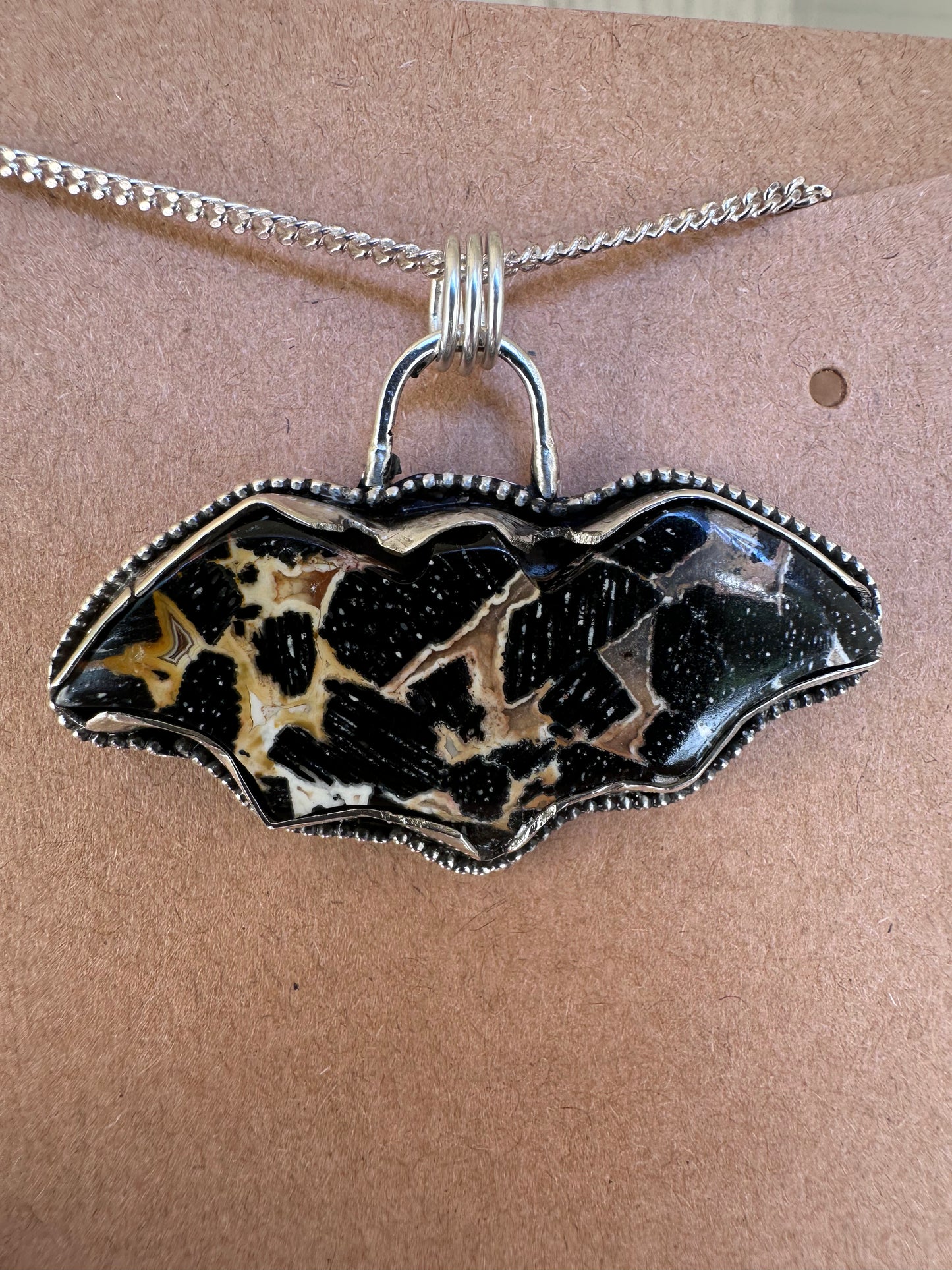 🦇 Palm Root Bat Necklaces – Sterling Silver with Marbled Mystique