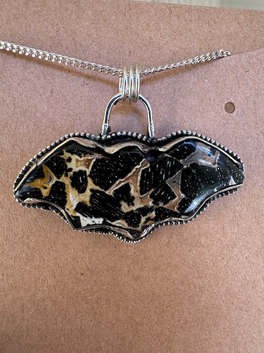 🦇 Palm Root Bat Necklaces – Sterling Silver with Marbled Mystique
