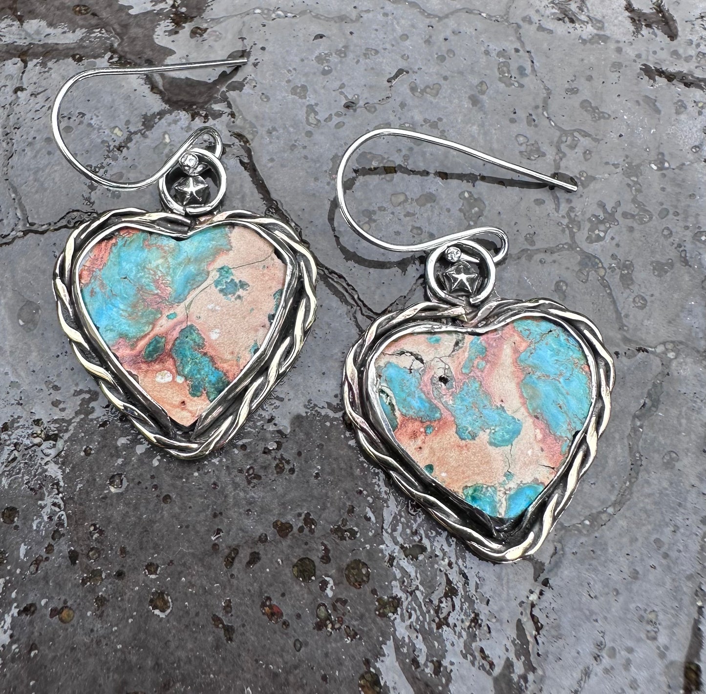 💎 Heart of Earth Earrings – Sediment Stone Hearts with Red Brass & Sterling Silver (1134)