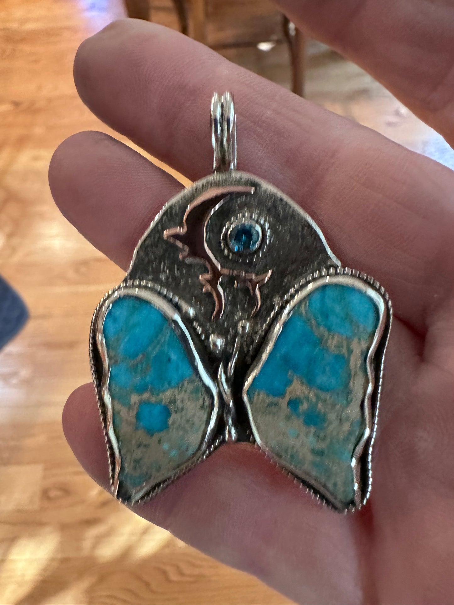 🦋 Sediment Butterfly Pendant – Sterling Silver with Copper Moon & Blue CZ