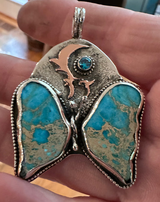 🦋 Sediment Butterfly Pendant – Sterling Silver with Copper Moon & Blue CZ