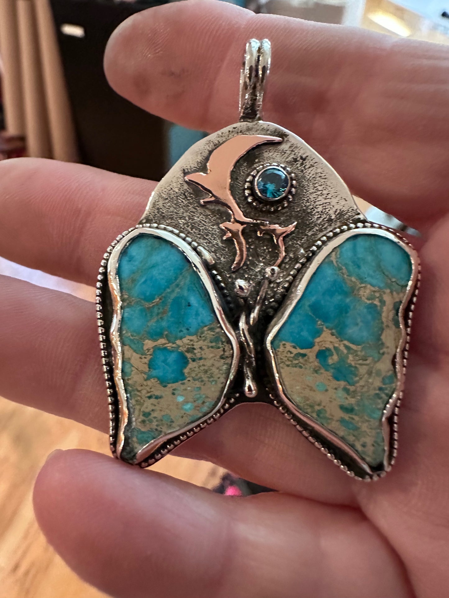 🦋 Sediment Butterfly Pendant – Sterling Silver with Copper Moon & Blue CZ