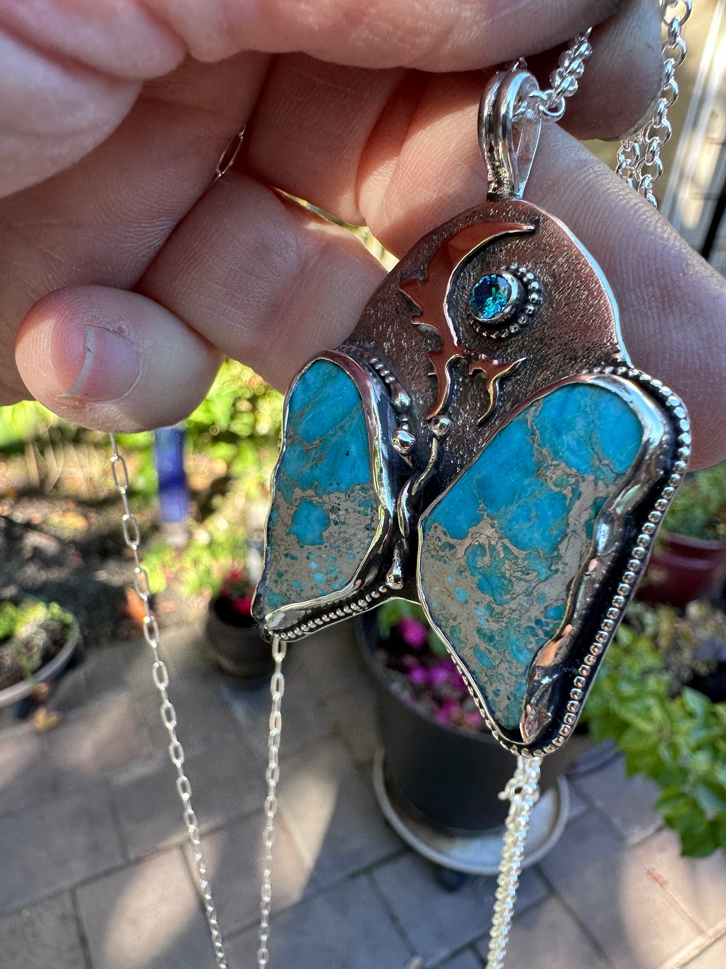 🦋 Sediment Butterfly Pendant – Sterling Silver with Copper Moon & Blue CZ