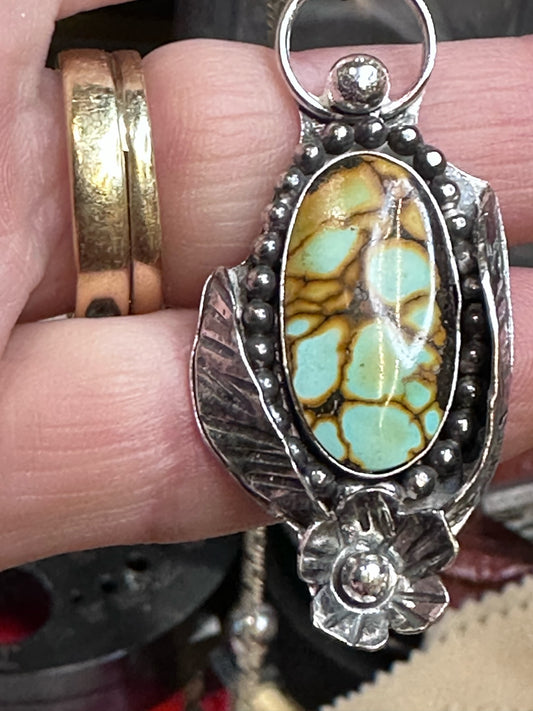 Turquoise - Beautiful Turquoise Pendant with Sterling Silver Beading, Leaves and Flower