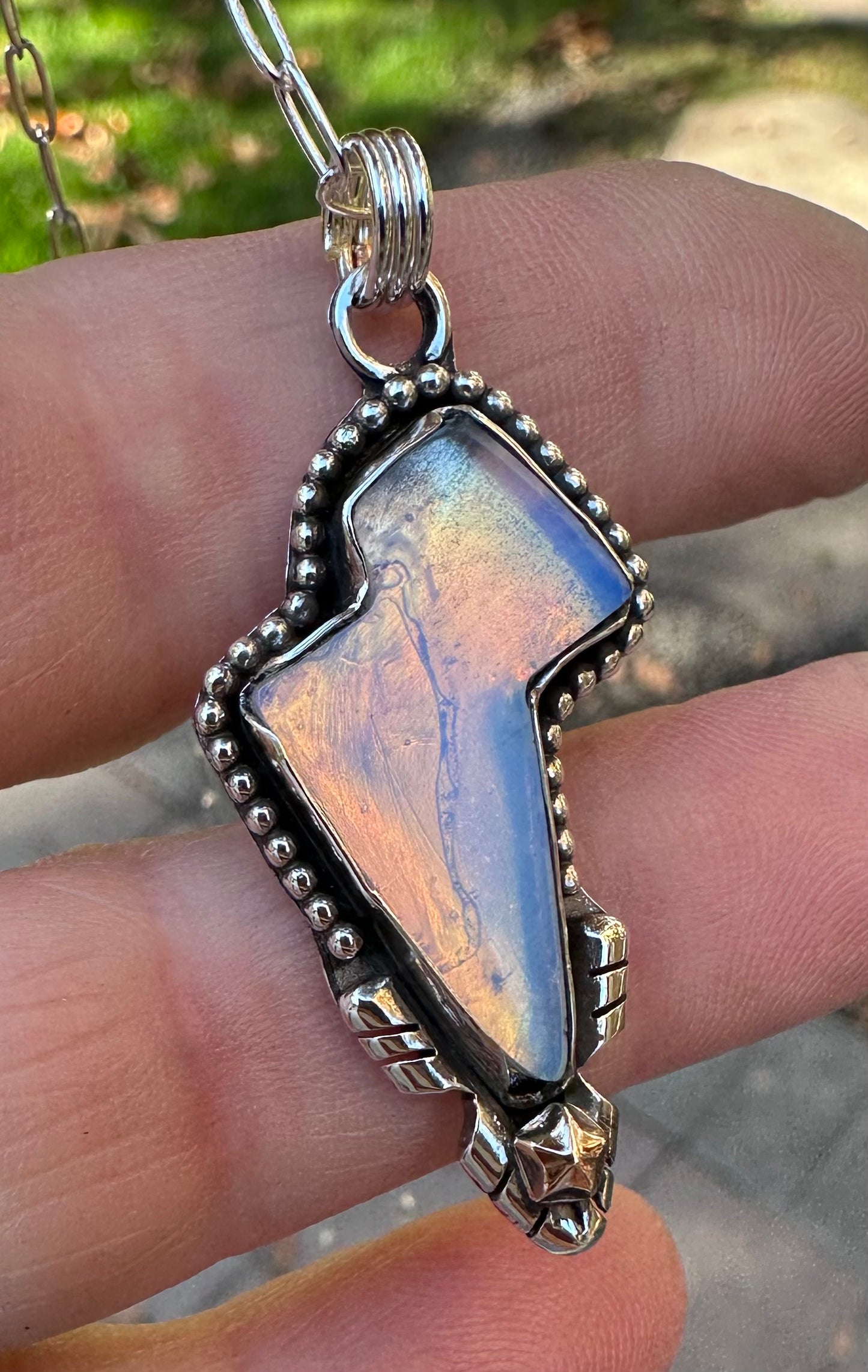 ⚡Opalite Lightning Bolt Necklace – Sterling Silver & Iridescent Glow (1139)