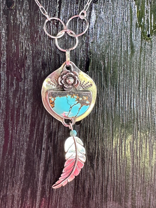 Turquoise Necklace Pendant with Rose and Feather