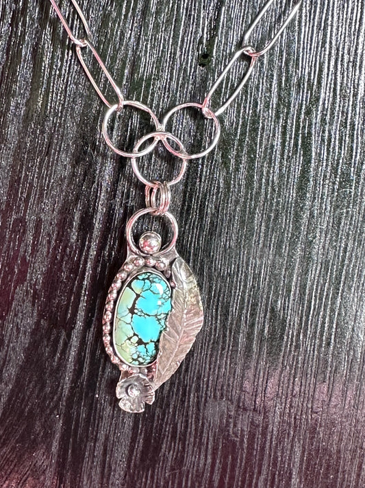 Turquoise- Beautiful Turquoise Pendant with Sterling SIlver Beading, Leaves and Flower