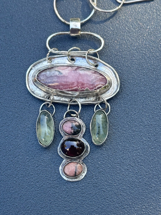 Rhodochrosite - Bohemian Rhodochrosite pendant necklace with Prehnite and Garnet Dangles