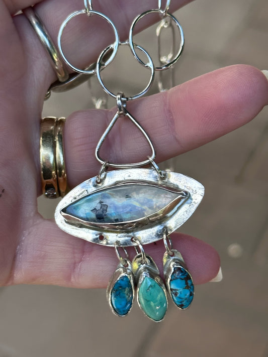 Moonstone- Bohemian Flashy Moonstone and Dangling Turquoise Pendant Necklace (D169)