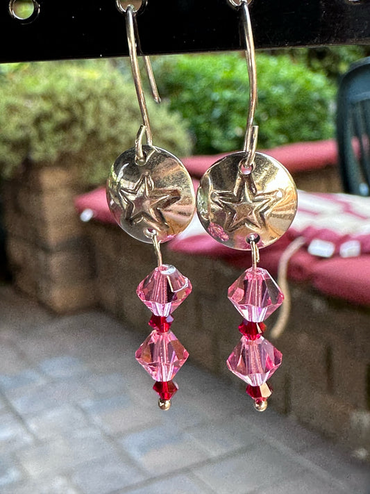 Crystal and Sterling Silver Dangle Earrings - Silver Star and Pink