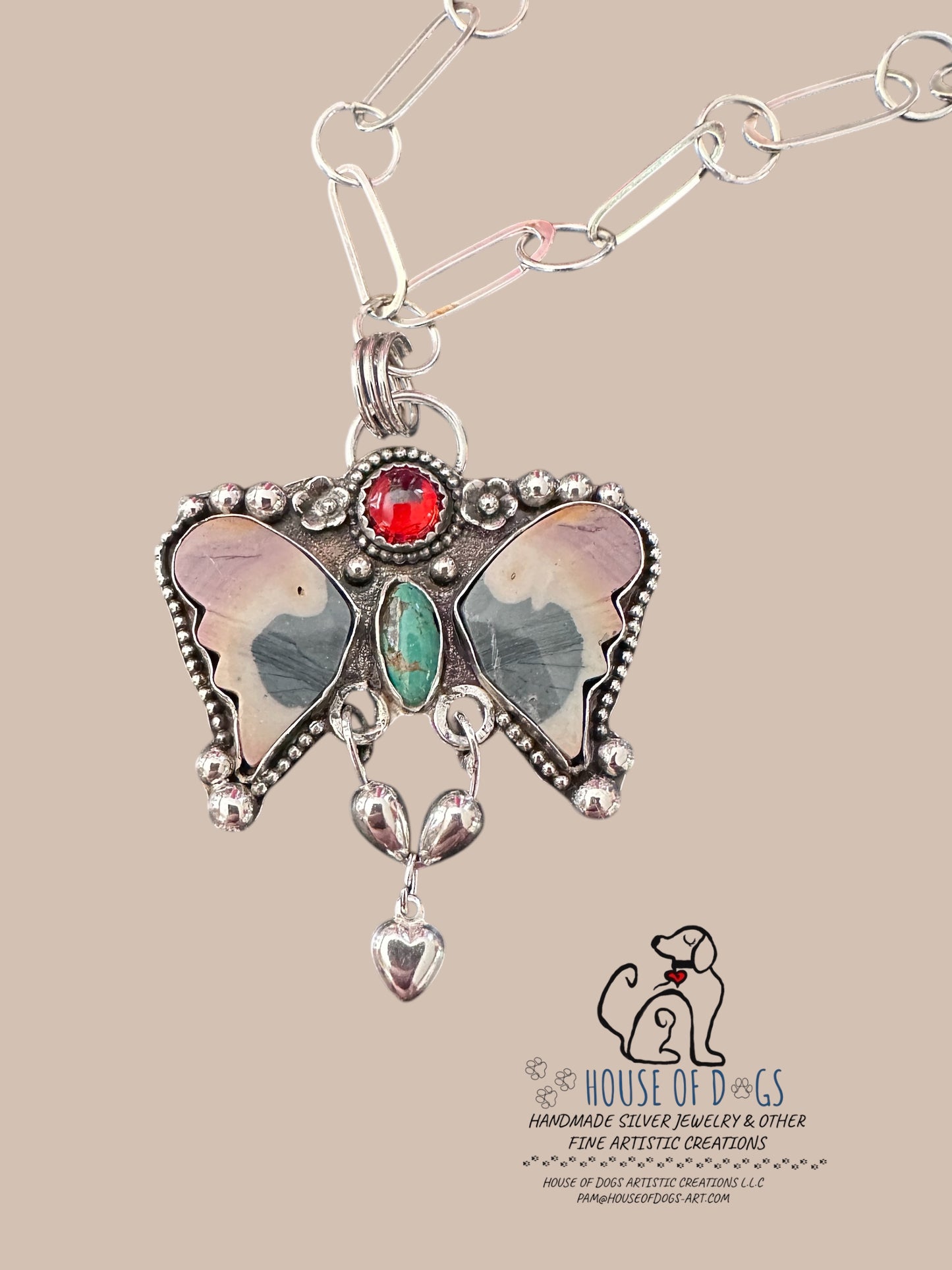 🦋 Polychrome Winged Pendant with Turquoise &amp; Garnet