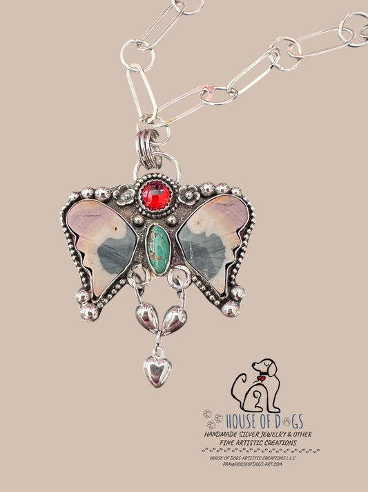 🦋 Polychrome Winged Pendant with Turquoise &amp; Garnet