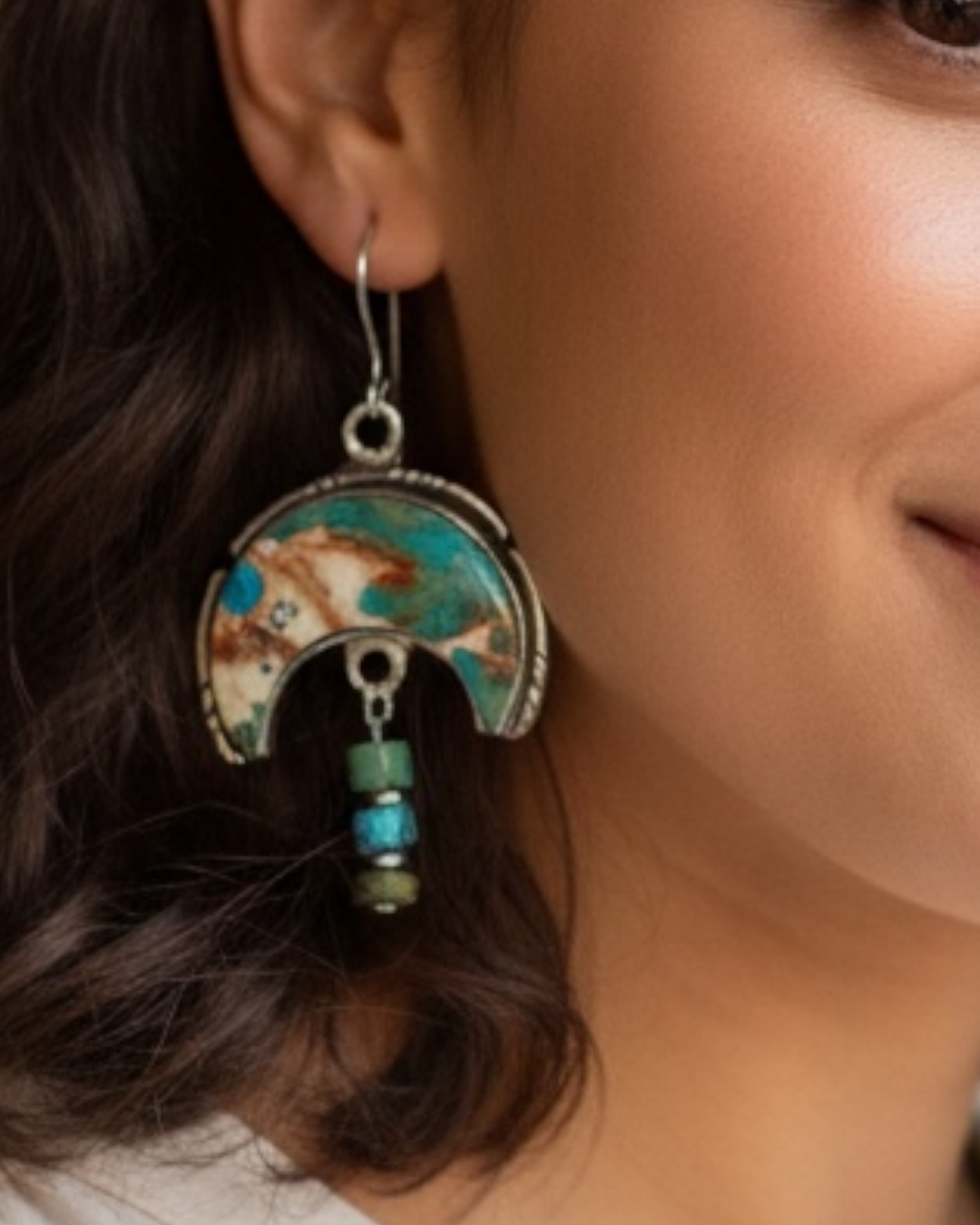 🌙 Sediment + Turquoise Crescent Earrings