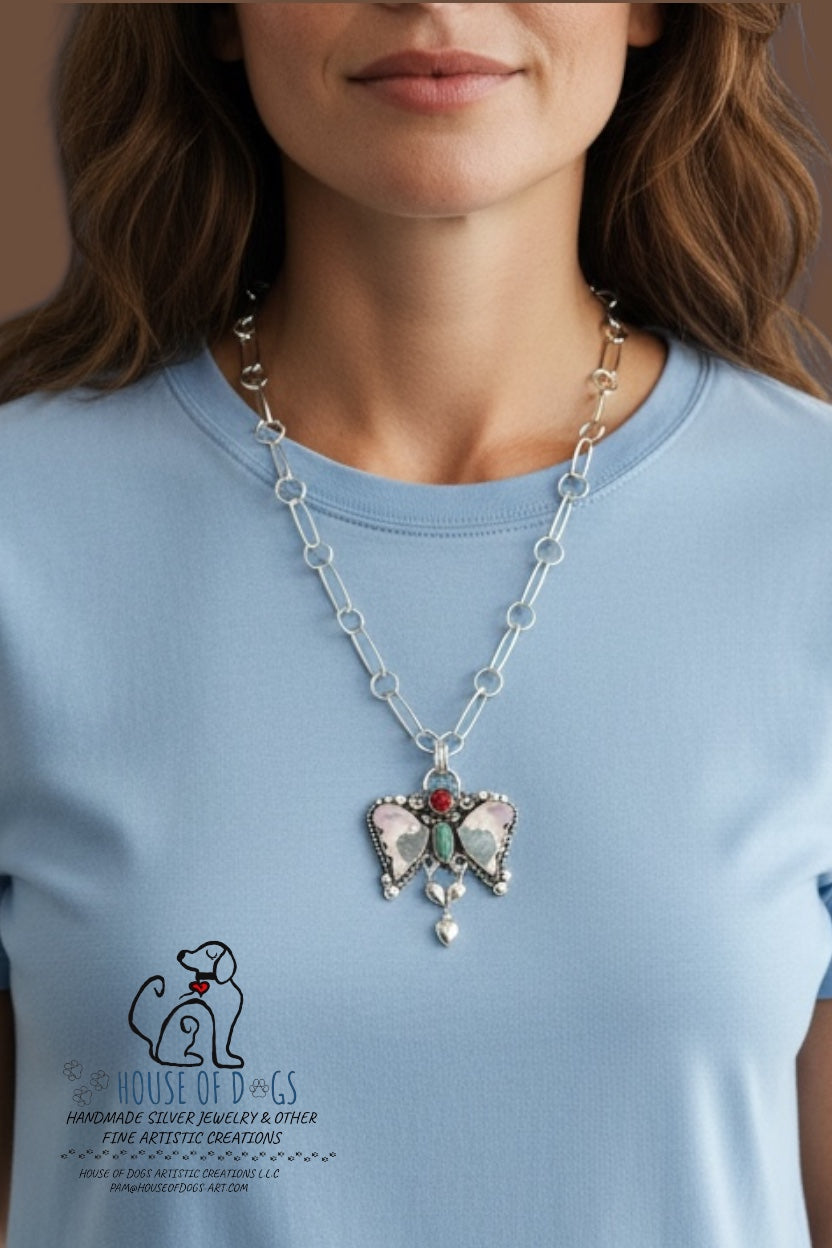 🦋 Polychrome Winged Pendant with Turquoise &amp; Garnet