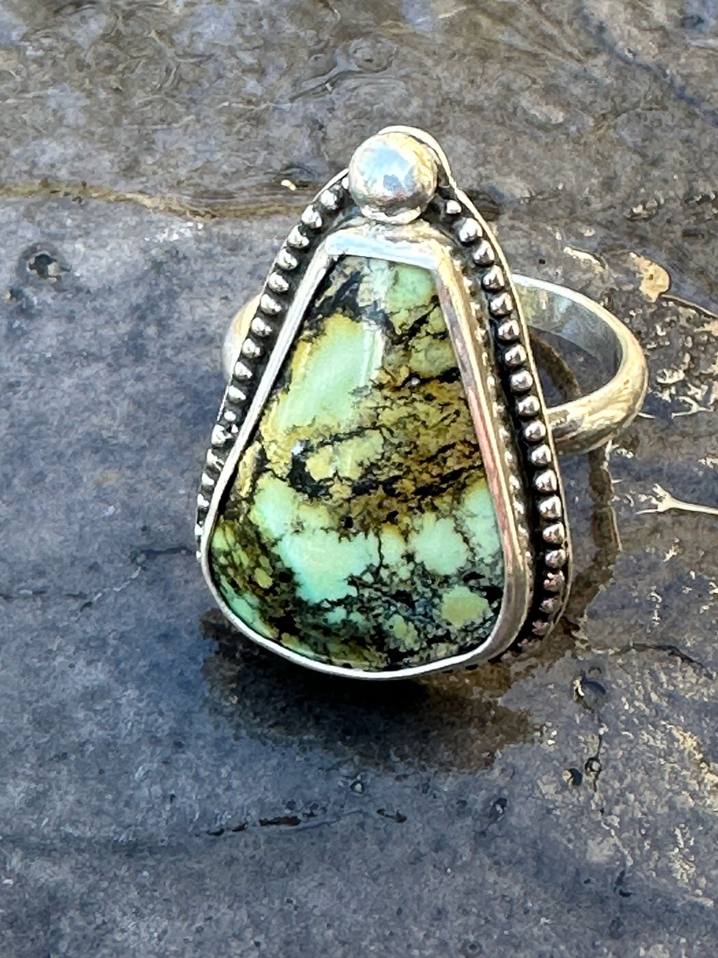 Variscite - Beautiful Green and Gold Trapezoid Variscite Ring Size 9
