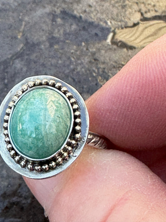 Amazon Jade- Beautiful High Dome Amazon Jade Ring with Silver Beading Size 7 1/2